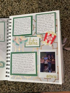 an open scrapbook with some pictures on it