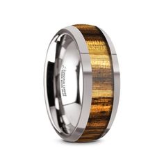 the men's wedding band is made out of wood and has a polished finish