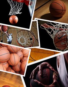 several different pictures of basketballs and nets