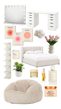 a bedroom with white furniture and accessories in it, including a bed, desk, mirror, plant, candles, perfume bottles, vases and other items