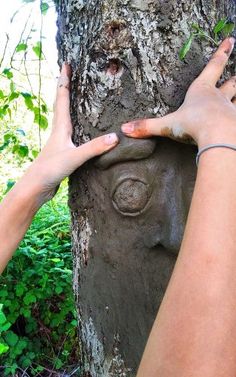 two hands are touching the face of a tree