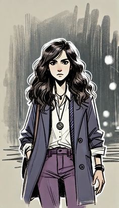 a drawing of a woman with long hair wearing a trench coat and purple pants, standing in front of a cityscape