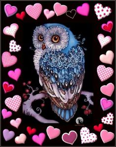 an owl sitting on top of a tree surrounded by heart shaped hearts in a black frame