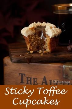 the art of sticky toffe cupcakes with frosting on top is shown