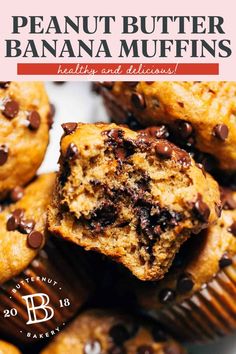 chocolate chip banana muffins stacked on top of each other with text overlay