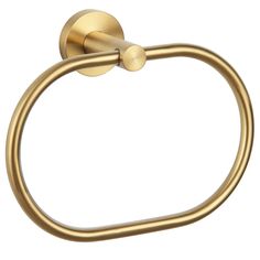 a gold colored towel ring on a white background, with the handle extended to it's left side