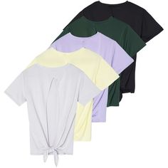 Elevate your active wardrobe with our 5-Pack Women's Tie-Back Dry-Fit Short Sleeve Active T-Shirts! Designed for the modern woman who values both style and performance, these tees are the perfect companion for workouts, sports, and everyday activities. Crafted from high-quality dry-fit fabric, these shirts are engineered to keep you cool and dry, thanks to their advanced moisture-wicking properties. Say goodbye to uncomfortable sweat patches and hello to a fresh, dry feel throughout your day. Wh Relaxed Fit Short Sleeve T-shirt For Workout, Casual Short Sleeve T-shirt For Yoga, Cotton Short Sleeve Yoga T-shirt, Solid Color Short Sleeve T-shirt For Yoga, Cheap Relaxed Fit Yoga T-shirt, Womens Tie, Workout Tshirts, Women's Wardrobe, Workout Tops