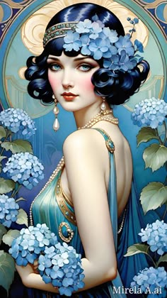 a painting of a woman with blue flowers in her hair and wearing a tiara