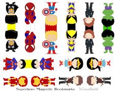 the superhero bookmarks are made up of different characters and sizes, all in various colors