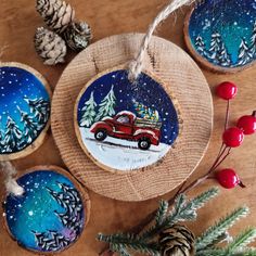 Hand Painted Christmas Ornaments Wooden, Hand Painted Wooden Ornaments, Christmas Ornament Painting, Painted Wood Ornaments, Red Truck With Christmas Tree, Christmas Crafts Diy Decoration, Truck With Christmas Tree, Wood Slice Art, Christmas Tree Decorations Diy