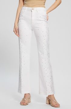 Rhinestone embellishment channels glam rock on these faded, straight-leg jeans cut from low-stretch denim. Zip fly with button closure Five-pocket style 92% cotton, 6% elastomultiester, 2% elastane Machine wash, tumble dry Imported Party Straight Leg Jeans With Rhinestones, Party Jeans With Rhinestones Straight Leg, Glamorous Fitted Straight Leg Jeans, Glamorous Fitted Straight-leg Jeans, Fitted Straight Leg Rhinestone Jeans, Fitted Straight Leg Jeans With Rhinestones, Party Jeans With Rhinestone Fringe, Fitted Mid-rise Jeans With Rhinestones, Party Straight Leg Bottoms With Rhinestones