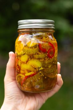 a hand holding a jar filled with pickles and peppers