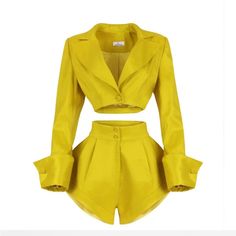 Super Cute Blazer Short Set. Wear This For Brunch With The Girls Or Date Night. Yellow Club Outfit, Fitted Evening Sets For Summer, Yellow Matching Colors Outfit, Yellow Sets For Summer Night Out, Yellow Sets For Night Out In Summer, Yellow Sets For Night Out In Spring, Yellow Sets For Spring Night Out, Summer Evening V-neck Set, Elegant Yellow Summer Sets