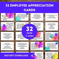 the 32 employee appreciation cards are shown in purple and blue with colorful circles on them