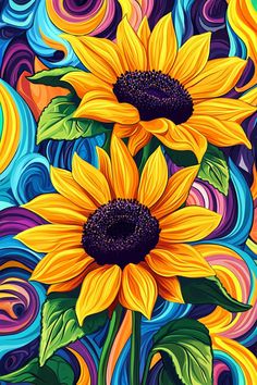 two sunflowers are painted in bright colors