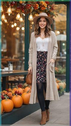 Whimsy Fall Outfits, Fall Anniversary Outfit Ideas, Floral Dress Outfit Fall, Corduroy Jacket Outfit Womens, Thanksgiving Day Outfits Women, Fall Road Trip Outfit, Dress Outfit Autumn, Fall Outfits Church, Skirt And Cardigan Outfit