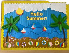 a bulletin board with palm trees and boats in the water, on which is written hello summer