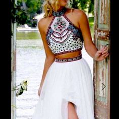 2 Piece Sherri Hill Worn Once Style 50075 White With Embroidery White Sleeveless Two-piece Dress For Summer, White Sleeveless Two-piece Dress For Party, White Sleeveless Two-piece Party Dress, White Sleeveless Two-piece Dress, Elegant White Sleeveless Two-piece Dress, Two Piece Prom Dresses, Long Flowing Skirts, Two Piece Prom, Event Organizer