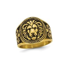 Roar with this lion animal motif polished and antiqued yellow plated stainless steel ring for men. This unique ring weighs 13.70 grams. Mens Yellow Plated Antiqued Stainless Steel Lion Ring Size: 10.  Color: White.  Gender: male.  Age Group: adult. Gold Rings Mens Style, Stainless Steel Wedding Bands, Yellow Plates, Lion Ring, Rings Mens, Gold Animals, Yellow Rings, Animal Rings, Black Onyx Ring