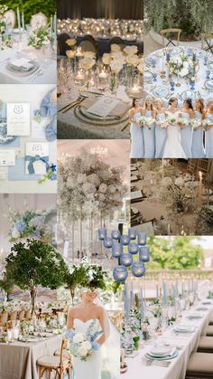 a collage of blue and white wedding decor with flowers, candles, table cloths