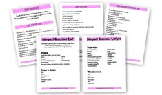 four pink and white dinner menus on top of each other