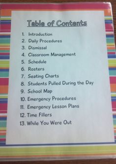 a table of contents list with instructions on it