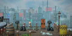 an animated city scene with lots of trash cans and construction signs in the foreground