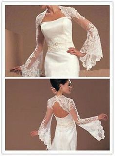 two pictures of a woman wearing a white dress and jacket with lace sleeves on it