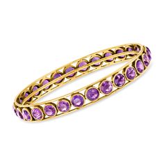 Ross-Simons - C. 1950 Vintage 25.50ct t. w. Amethyst Bangle Bracelet in 18kt Yellow Gold. 8". C. 1950. From our Estate collection, this gorgeous bangle bracelet is a gemstone lover's dream! Features an extraordinary assembly of 25.50 ct. t. w. round amethysts that cast the prettiest purple hue from rich 18kt yellow gold circle settings that pop on the wrist. You will treasure this heirloom-quality piece for generations to come. Slip-on, amethyst bangle bracelet. Exclusive, one-of-a-kind Estate J Purple Gemstone Bangle For Formal Occasions, Formal Purple Gemstone Bangle, Amethyst Bangle Bracelets For Anniversary, Estate Yellow Gold Round Jewelry, Jewelry Presentation, Amethyst Bangle, Amethyst Birthstone, Gold C, 1950 Vintage