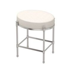 a white stool with metal legs and a round seat on it's backrest