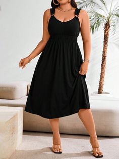 Plus Size Solid Color Pleated Casual Summer Dress Maxi Women Outfit Black Casual  Sleeveless Fabric Plain Cami Medium Stretch  Women Plus Clothing, size features are:Bust: ,Length: ,Sleeve Length: Summer Black Dress, Irregular Hem, Slim Fit Top, Casual Summer Dresses, Summer Casual, Wide Leg Jeans, Dress P, Plus Clothing, Plus Size Dresses