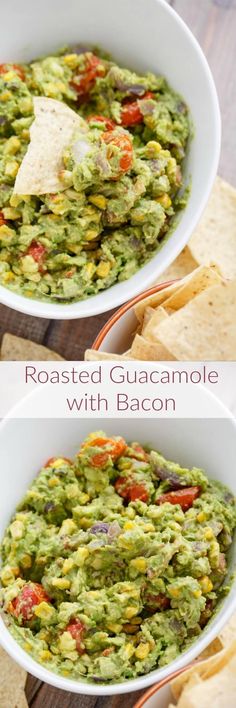 two bowls filled with guacamole and tortilla chips on the side