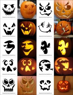 pumpkins with faces carved into them