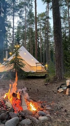 a campfire in the middle of a forest next to a tent with lights on it