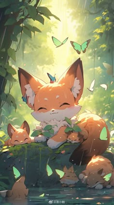 an image of a fox and her cubs in the woods with butterflies flying above it