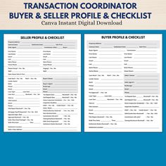 the transaction coordinating buyer and seller profile checklist is shown on a blue background with white text