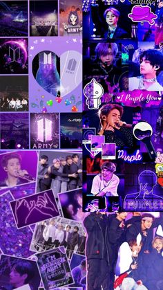 the collage shows many different pictures and words in purple tones, including one with an image of bts