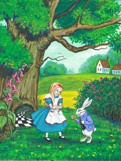 a painting of alice and the white rabbit