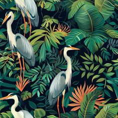 two birds are standing in the middle of some tropical plants and leaves on a black background