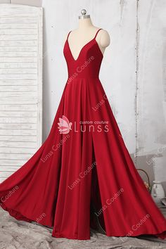 Wine Strap V-neck Slit Jersey A-line Prom Dress - Lunss Lunss Dresses, A Line Prom Dress, A Line Evening Dress, A Line Prom Dresses, Prom Wedding, Dress Silhouette, Evening Dresses Prom, Ruby Red, Red Formal Dress