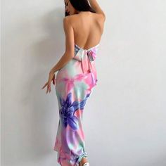 Super Cute And Stylish Ships In 5-10 Business Days Pink Backless Midi Dress For Vacation, Pink Floral Print Backless Maxi Dress, Pink Backless Midi Dress For Beach, Feminine Pink Halter Dress For Brunch, Backless Pink Midi Dress For Beach, Backless Pink Midi Dress For The Beach, Pink Backless Midi Dress For Garden Party, Pink Backless Midi Dress For Brunch, Summer Party Maxi Dress In Purple