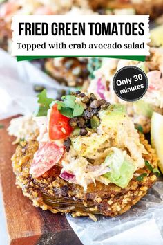 A picture of keto crab avocado salad and fried green tomatoes. Keto Crab Salad, Keto Fried Green Tomatoes, Crab Salad Sandwich, Crab Avocado, Lo Carb Recipes, Fried Green, Southern Dishes