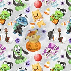 an image of halloween themed wallpaper with many different characters on it, including teddy bears and pumpkins