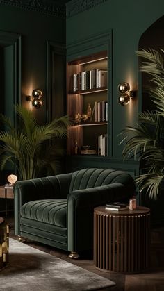 a living room with dark green walls and gold trimmings on the couches