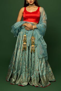 Sky Blue Lehenga, Lehenga Color Combinations, Badla Work, Mirror Work Lehenga, Wedding Lehenga Designs, Work Lehenga, Indian Designer Suits, Anita Dongre, Blue Lehenga