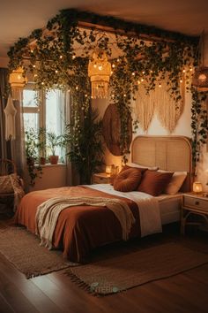 a bedroom decorated with plants and lights