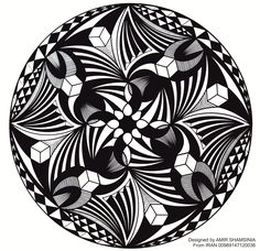 an abstract black and white design in the shape of a circle with geometric shapes on it