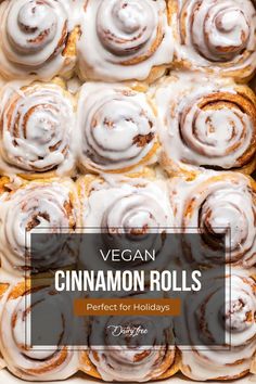 vegan cinnamon rolls in a box with the title overlay that reads, vegan cinnamon rolls perfect for holidays