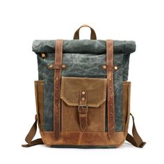 Waxed Canvas Leather Backpack, Canvas Laptop Bag, Leather Travel Backpack, Waxed Canvas Backpack, Canvas Rucksack, Travel Laptop Backpack, Travel Backpacks, Vintage Outdoor, Flap Backpack