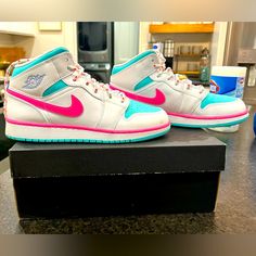 Size Youth 7 But Fits Size 8.5 Women / Slight Creasing / Worn Twice / Practically New Nike Pink High-top Jordan Shoes, Nike Low-top Pink Jordan Shoes, Nike Shoes Air, Shoes Air, Air Jordan 1 Mid, Jordan 1 Mid, Kids Nike, Air Jordan 1, Jordan 1